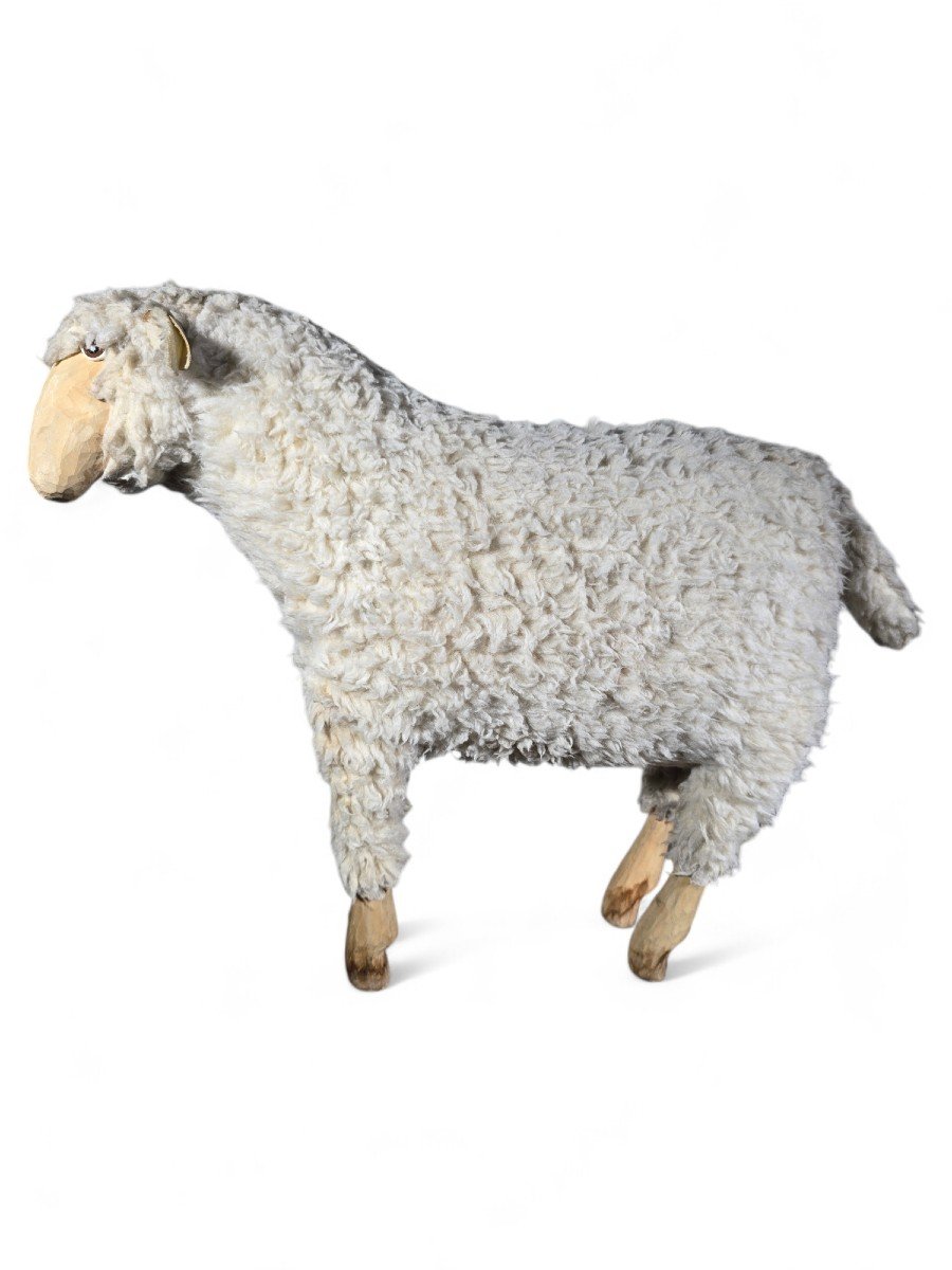 1950s Decorative Wooden Sheep Sculpture With Natural Wool-photo-8