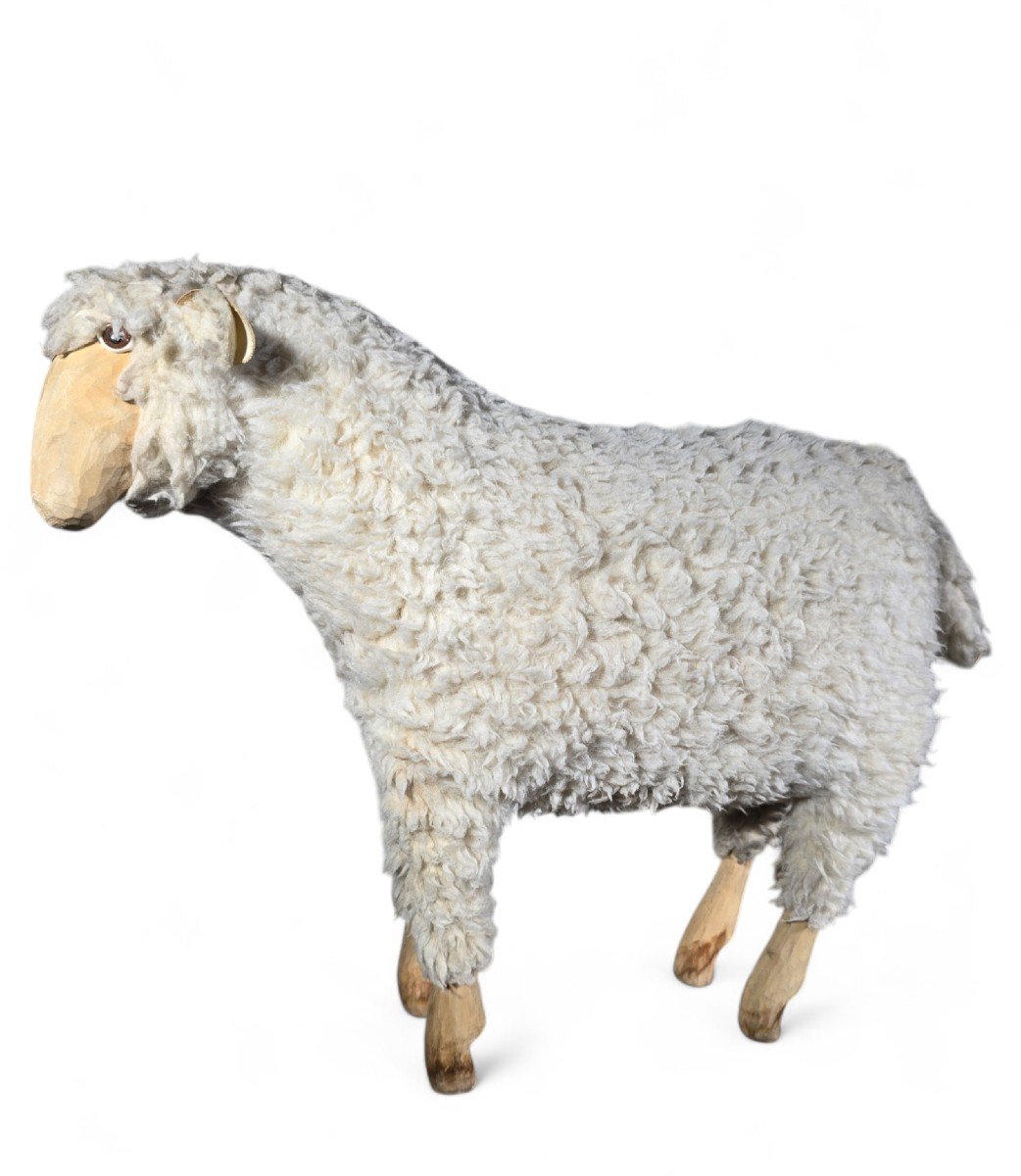 1950s Decorative Wooden Sheep Sculpture With Natural Wool
