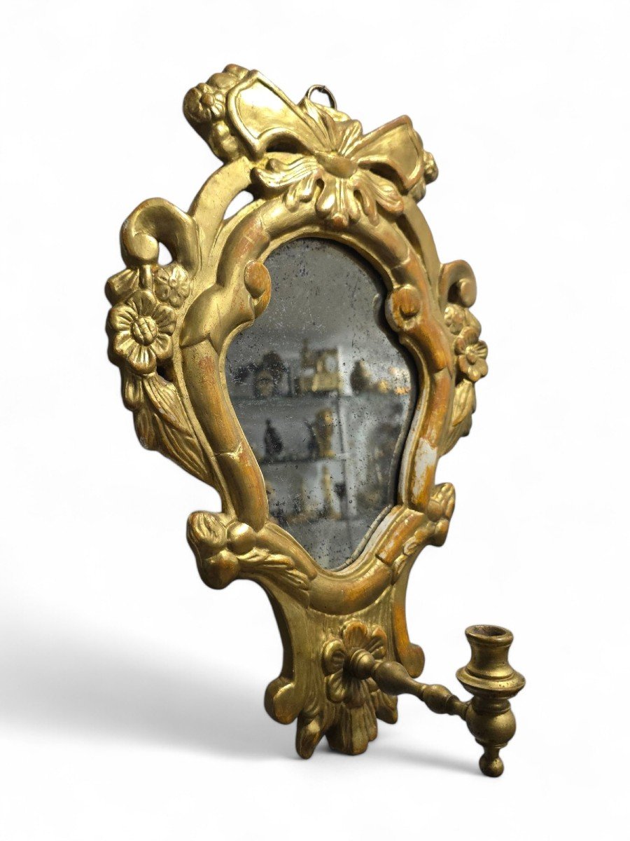 Petit Miroir Corne d'Abondance En Bois Doré Du XIXe Siècle Avec Bras De Bougie-photo-3