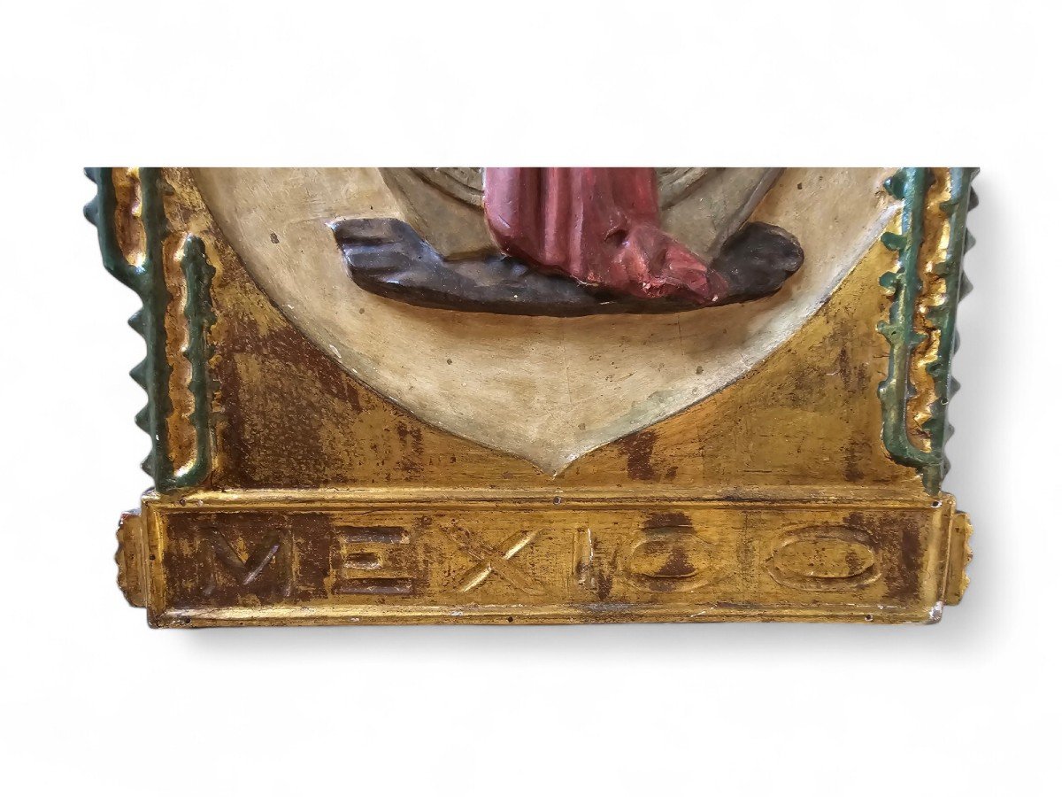 Panneau Commémoratif Du Début Du XXe Siècle Sur Le Mexique – Bois Massif Sculpté, Doré Et Polyc-photo-6