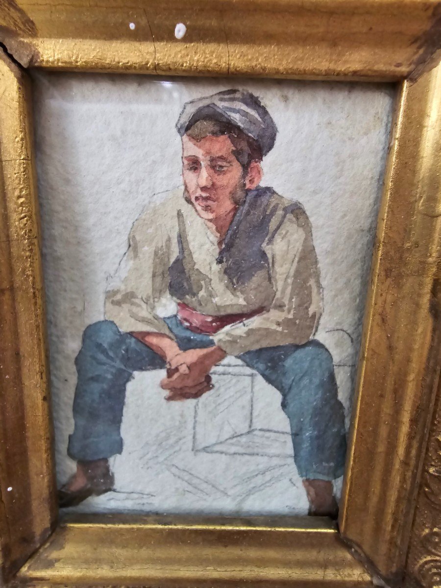 Small Framed Watercolor From The 19th Century – Character Of The Period-photo-3