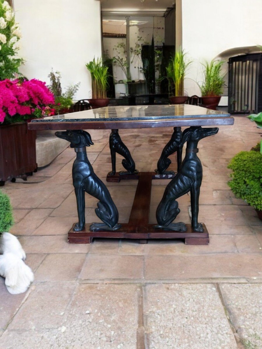 Grande Table Italienne Avec Chiens En Fer Vert Et Plateau En Marbre Antique-photo-3
