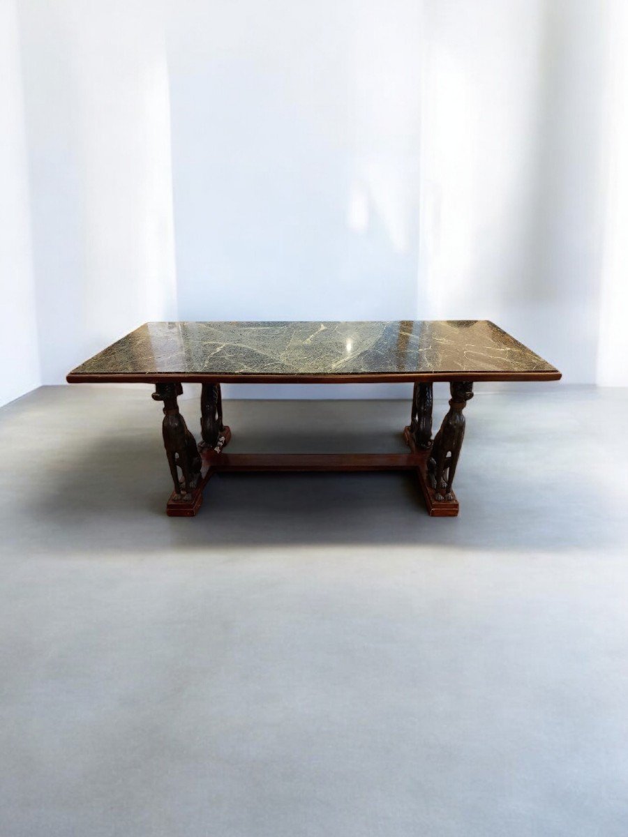 Grande Table Italienne Avec Chiens En Fer Vert Et Plateau En Marbre Antique-photo-4
