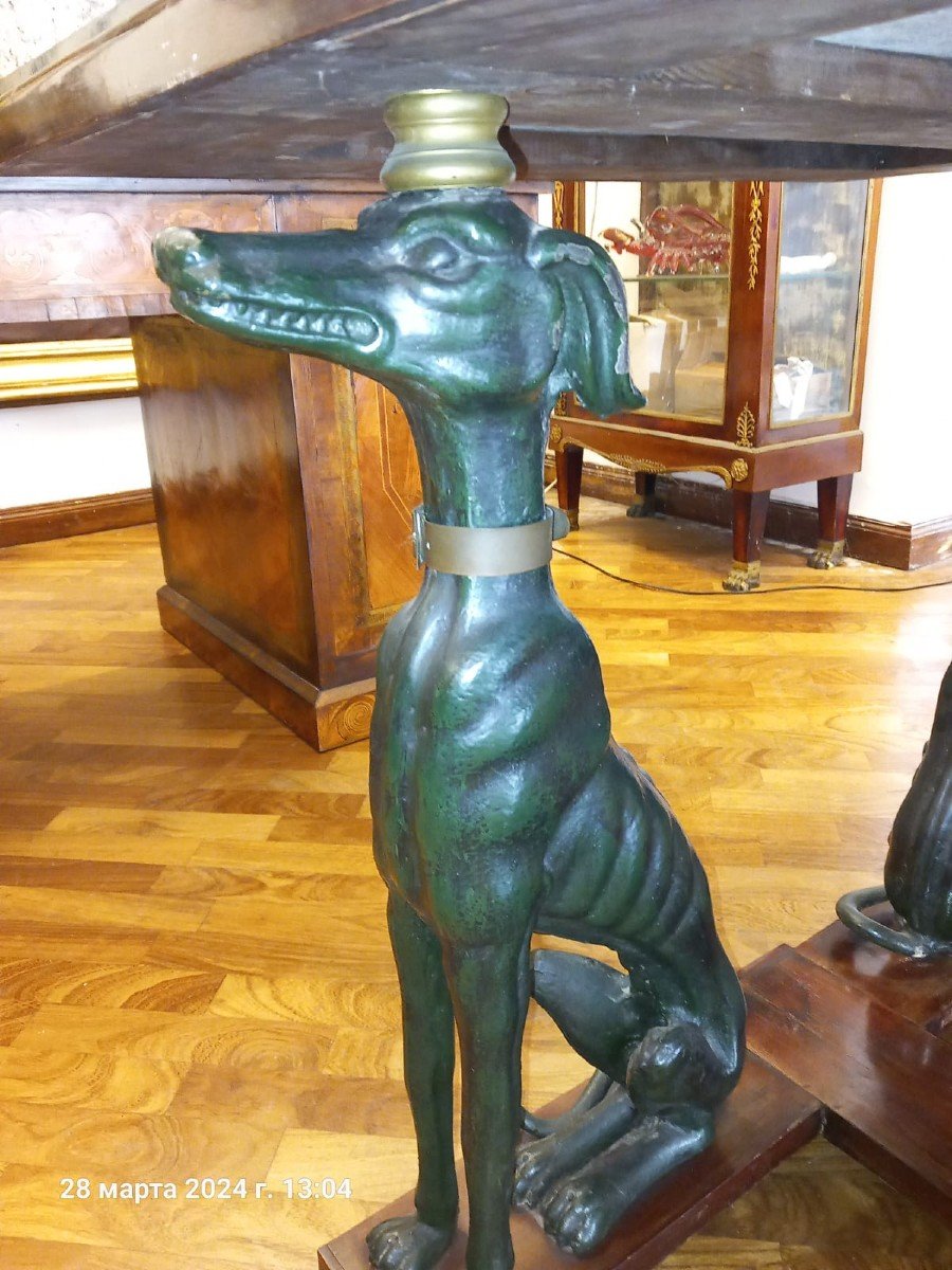 Grande Table Italienne Avec Chiens En Fer Vert Et Plateau En Marbre Antique-photo-1
