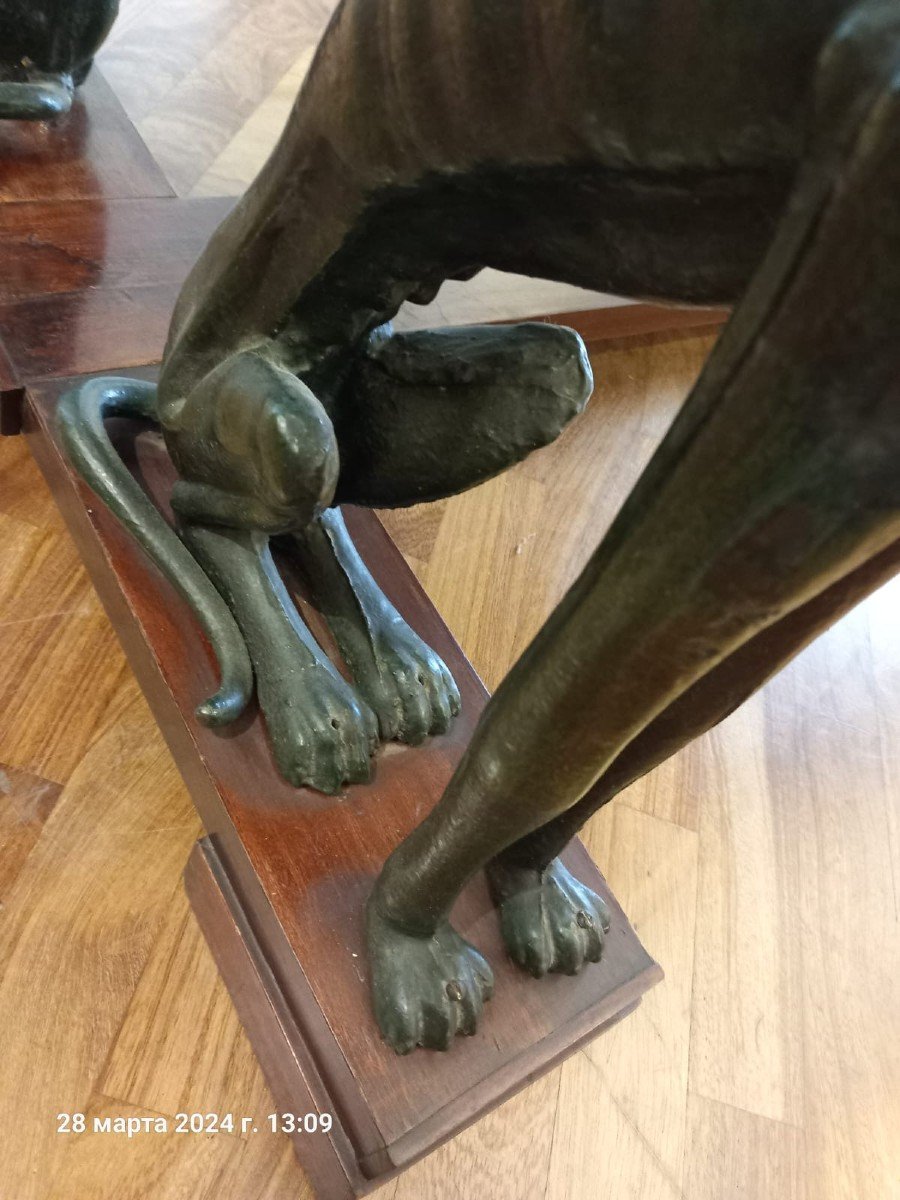 Grande Table Italienne Avec Chiens En Fer Vert Et Plateau En Marbre Antique-photo-3