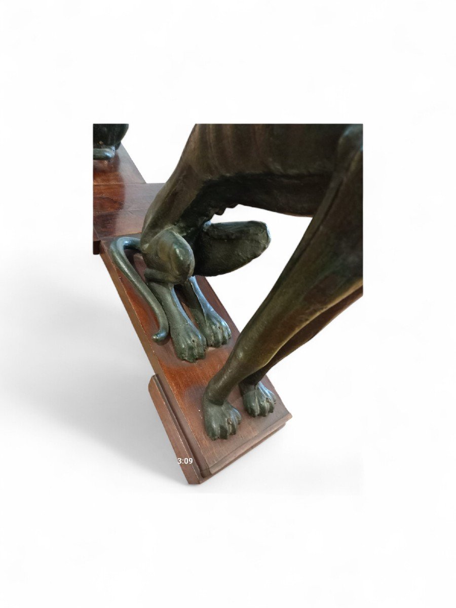 Grande Table Italienne Avec Chiens En Fer Vert Et Plateau En Marbre Antique-photo-5
