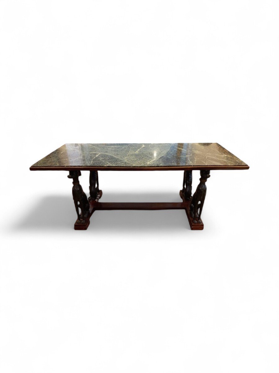 Grande Table Italienne Avec Chiens En Fer Vert Et Plateau En Marbre Antique-photo-7