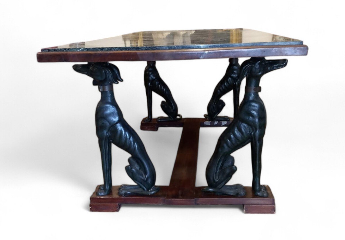 Grande Table Italienne Avec Chiens En Fer Vert Et Plateau En Marbre Antique