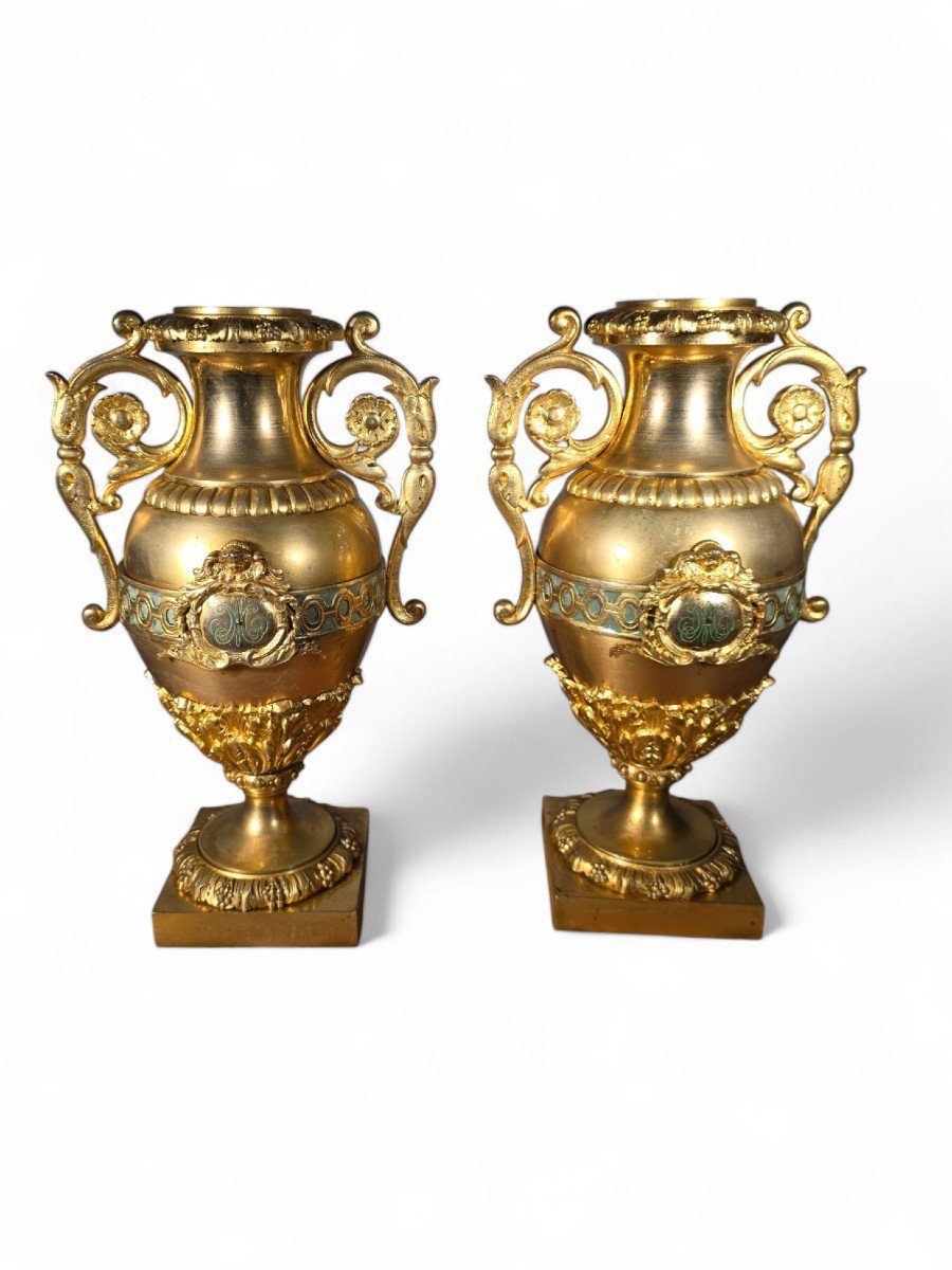 Paire De Vases Français En Bronze Doré Et émail Turquoise-photo-3