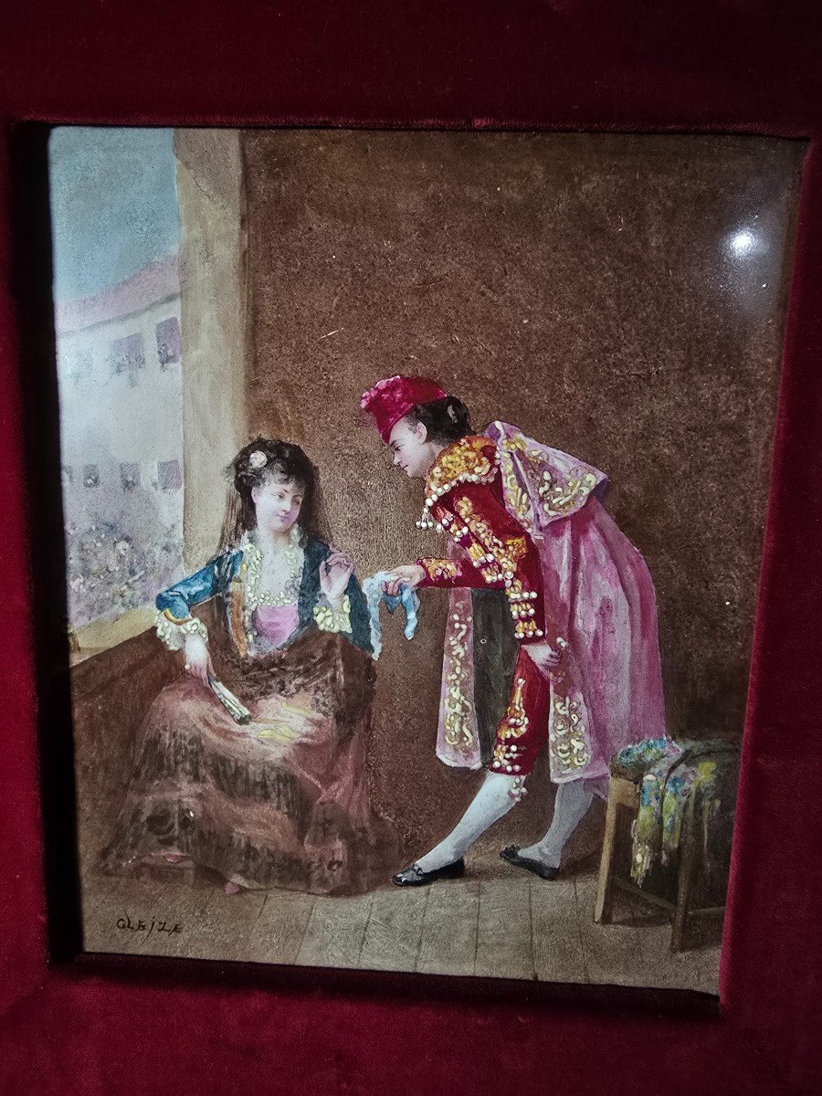Charmante Plaque En Porcelaine Espagnole Du XIXe Siècle Représentant Un Torero-photo-3