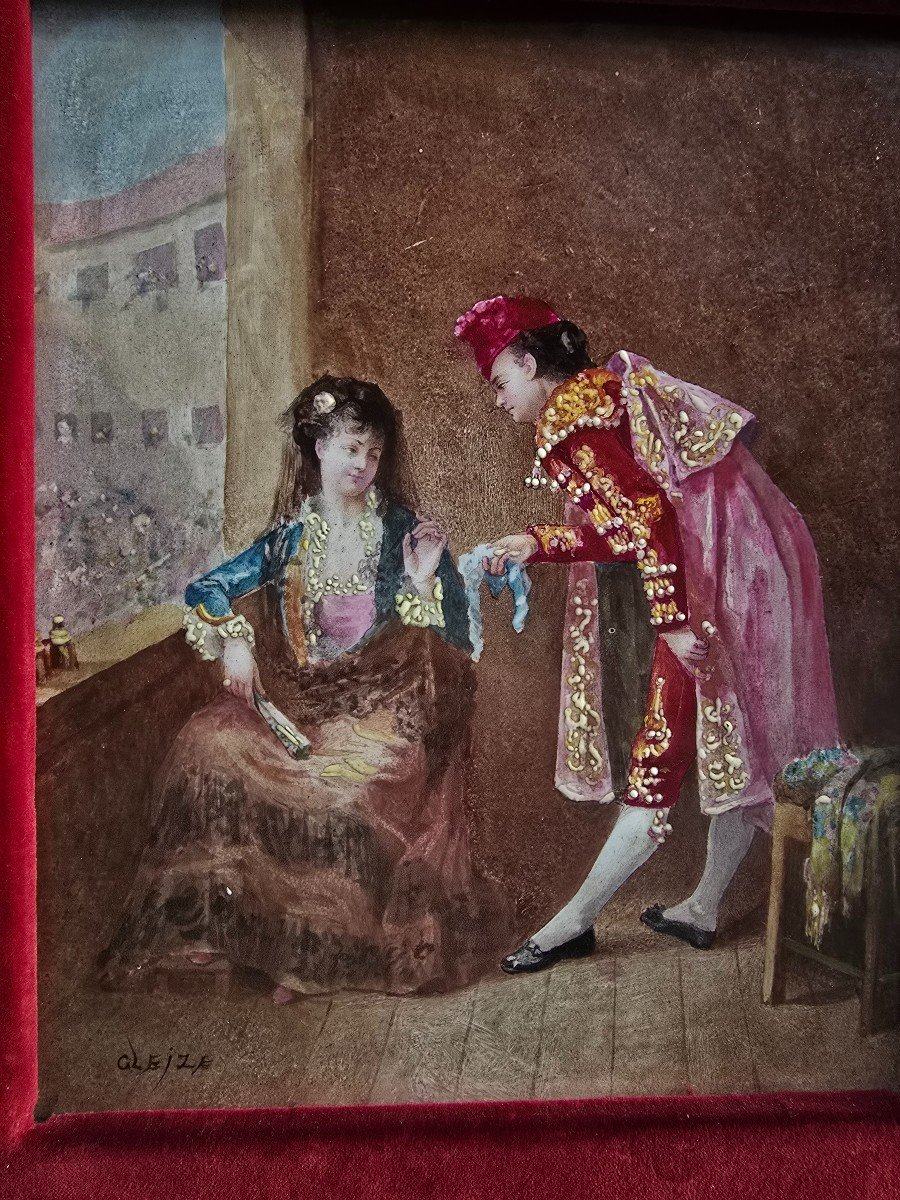 Charmante Plaque En Porcelaine Espagnole Du XIXe Siècle Représentant Un Torero-photo-4