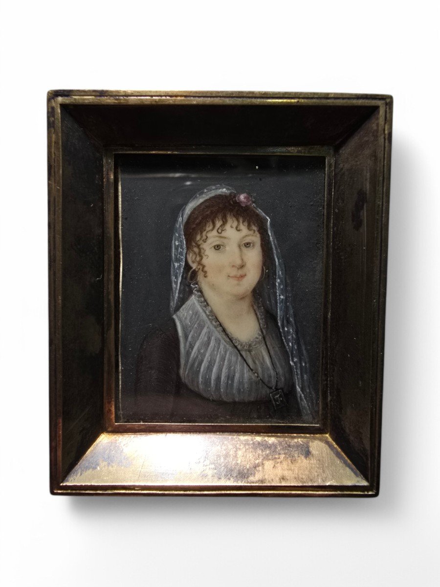 18th Century Miniature Oil Portrait – Lady With Flowered Hairpiece-photo-3