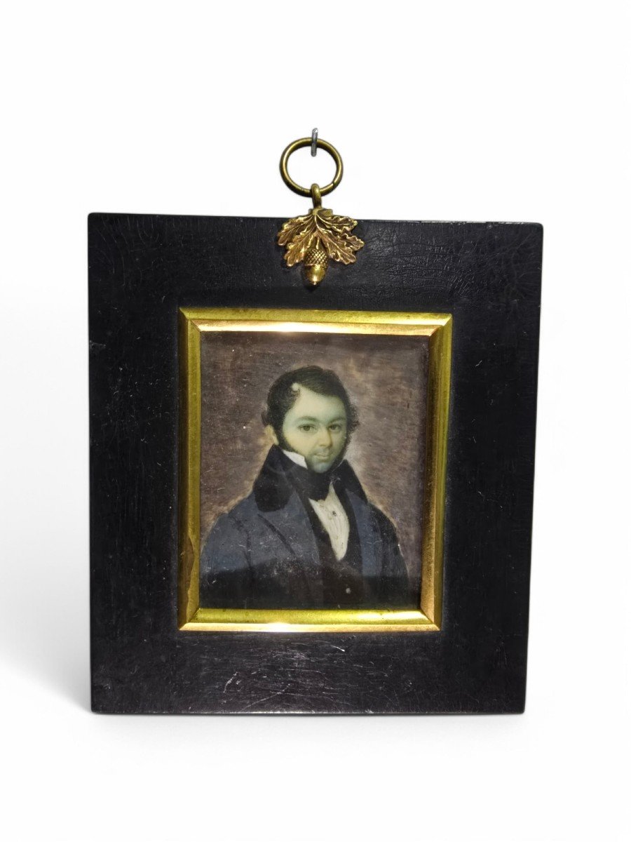Portrait Miniature à l'Huile Du XIXe Siècle – Gentleman Européen-photo-3