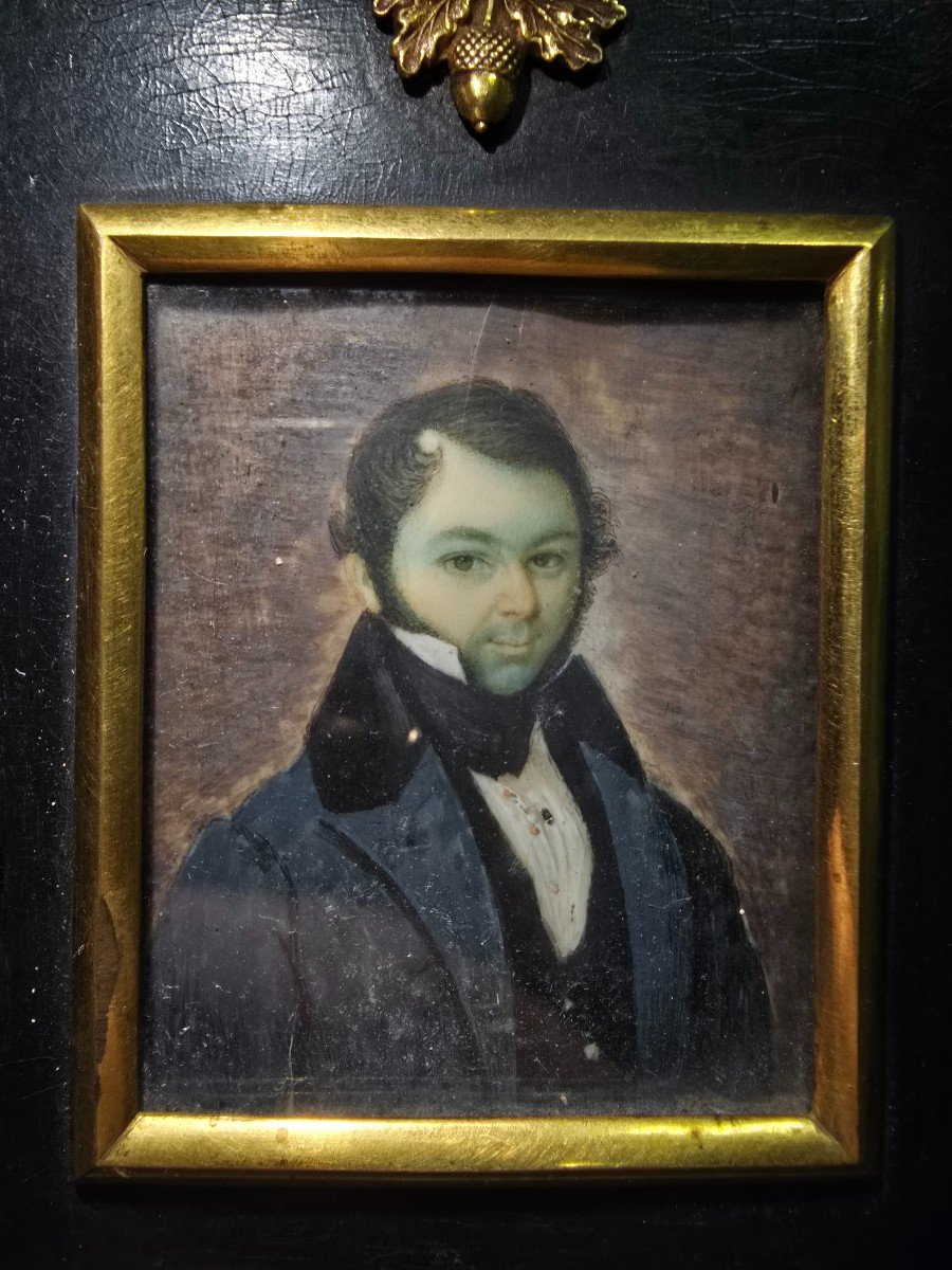 Portrait Miniature à l'Huile Du XIXe Siècle – Gentleman Européen-photo-3