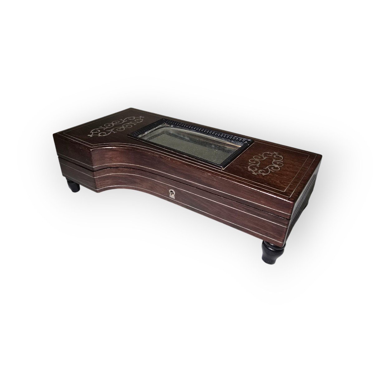 19th Century Piano-shaped Silver And Exotic Wood Inkwell-photo-8