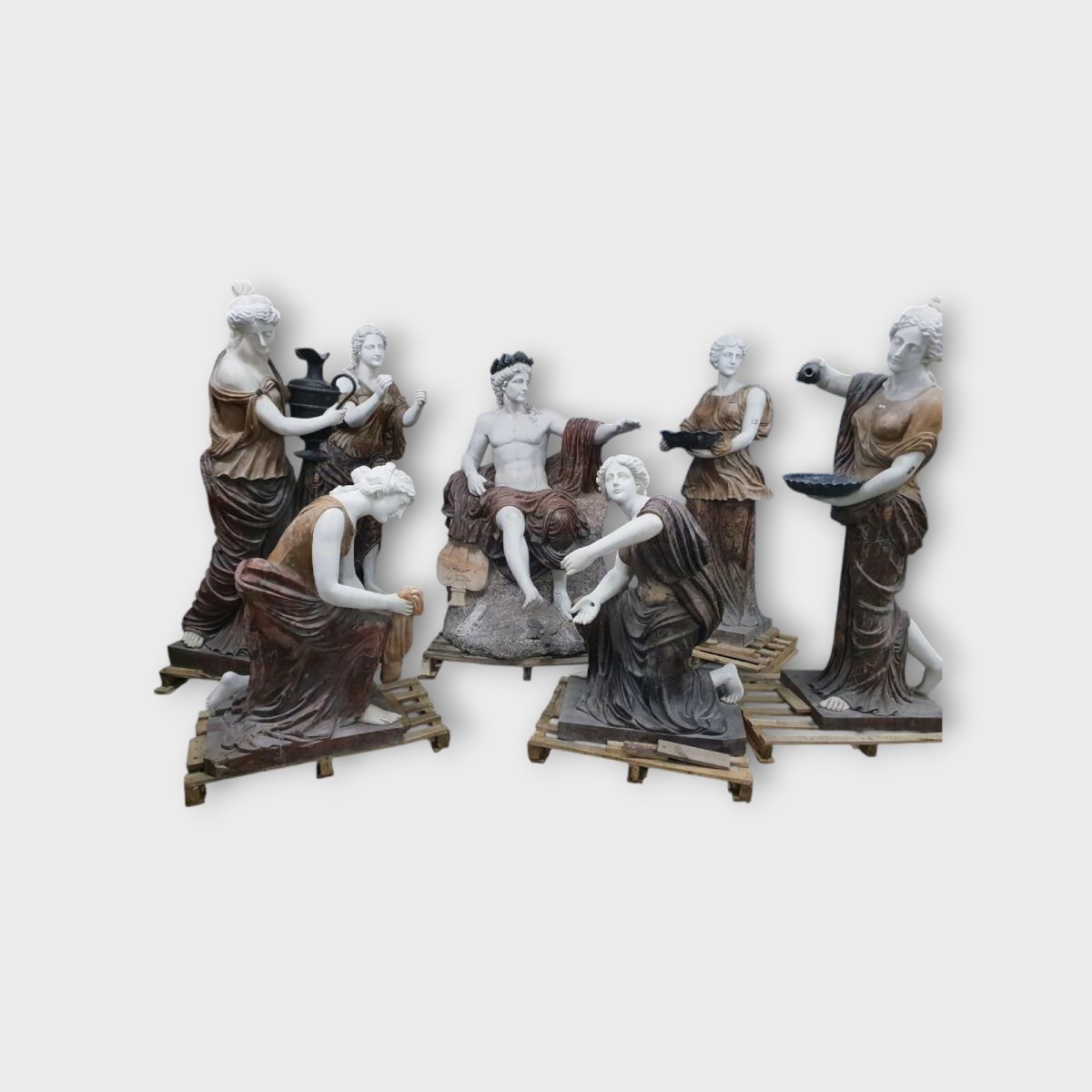 Ensemble De 7 Grandes Sculptures De Jardin En Marbre – « Le Bain d'Apollon » – Fin Du XXe Siècl-photo-3