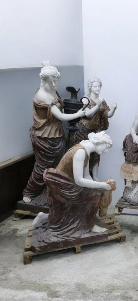 Ensemble De 7 Grandes Sculptures De Jardin En Marbre – « Le Bain d'Apollon » – Fin Du XXe Siècl-photo-4