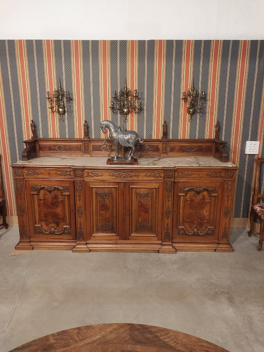 Large French Buffet, 19th Century, Carved Fruitwood And Marble Top-photo-2