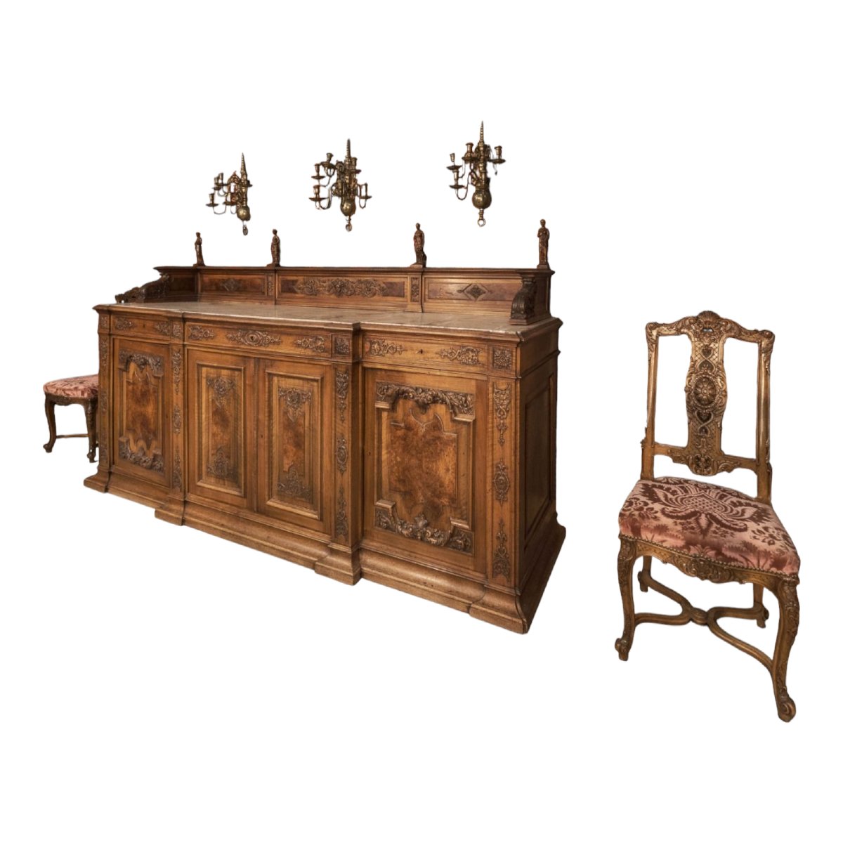 Large French Buffet, 19th Century, Carved Fruitwood And Marble Top-photo-3