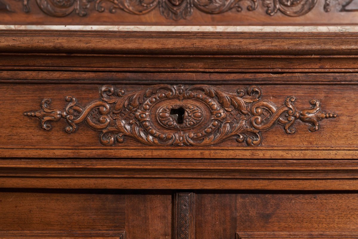 Large French Buffet, 19th Century, Carved Fruitwood And Marble Top-photo-6
