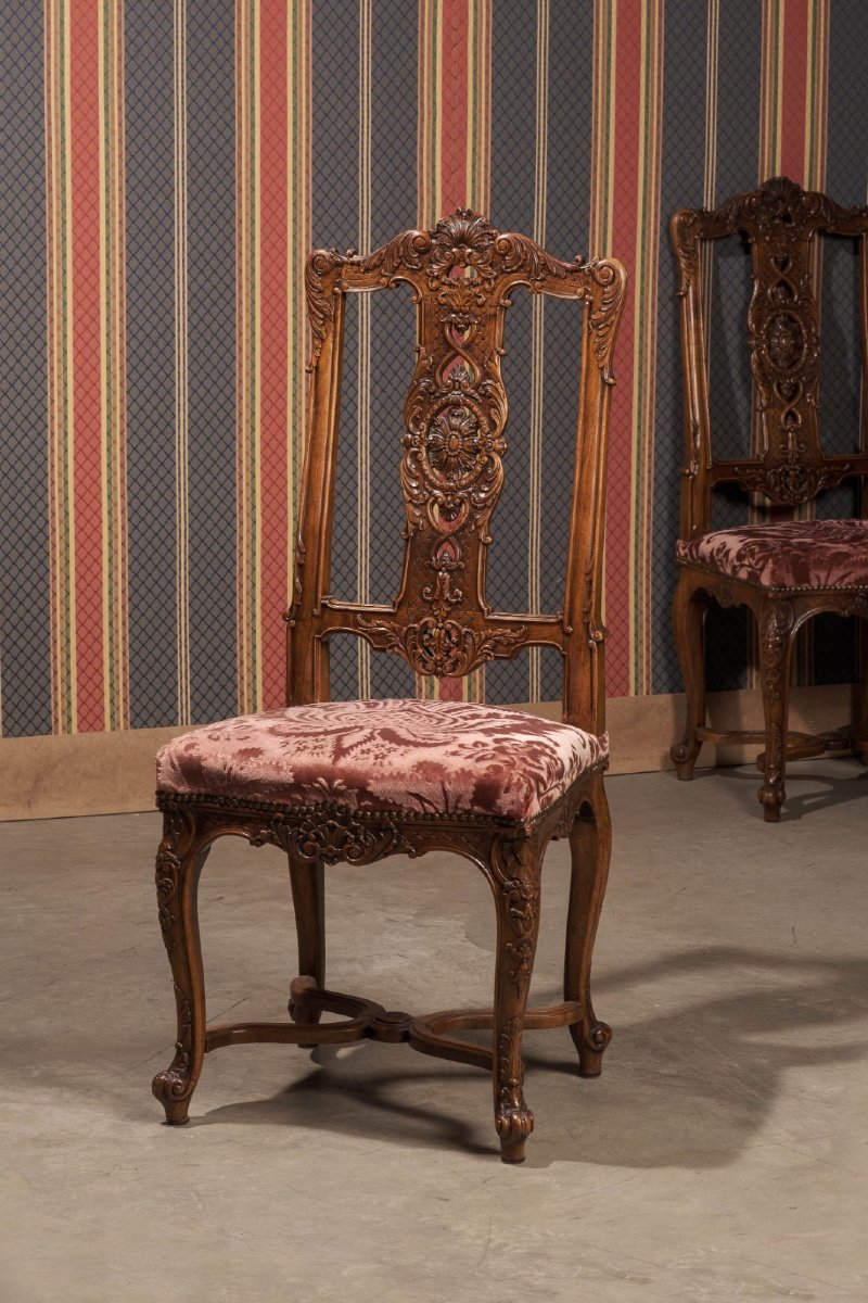 Ensemble De 12 Chaises Françaises, Fin Du XIXe Siècle Bois Fruitier Sculpté Et Revêtement d'Ori-photo-3