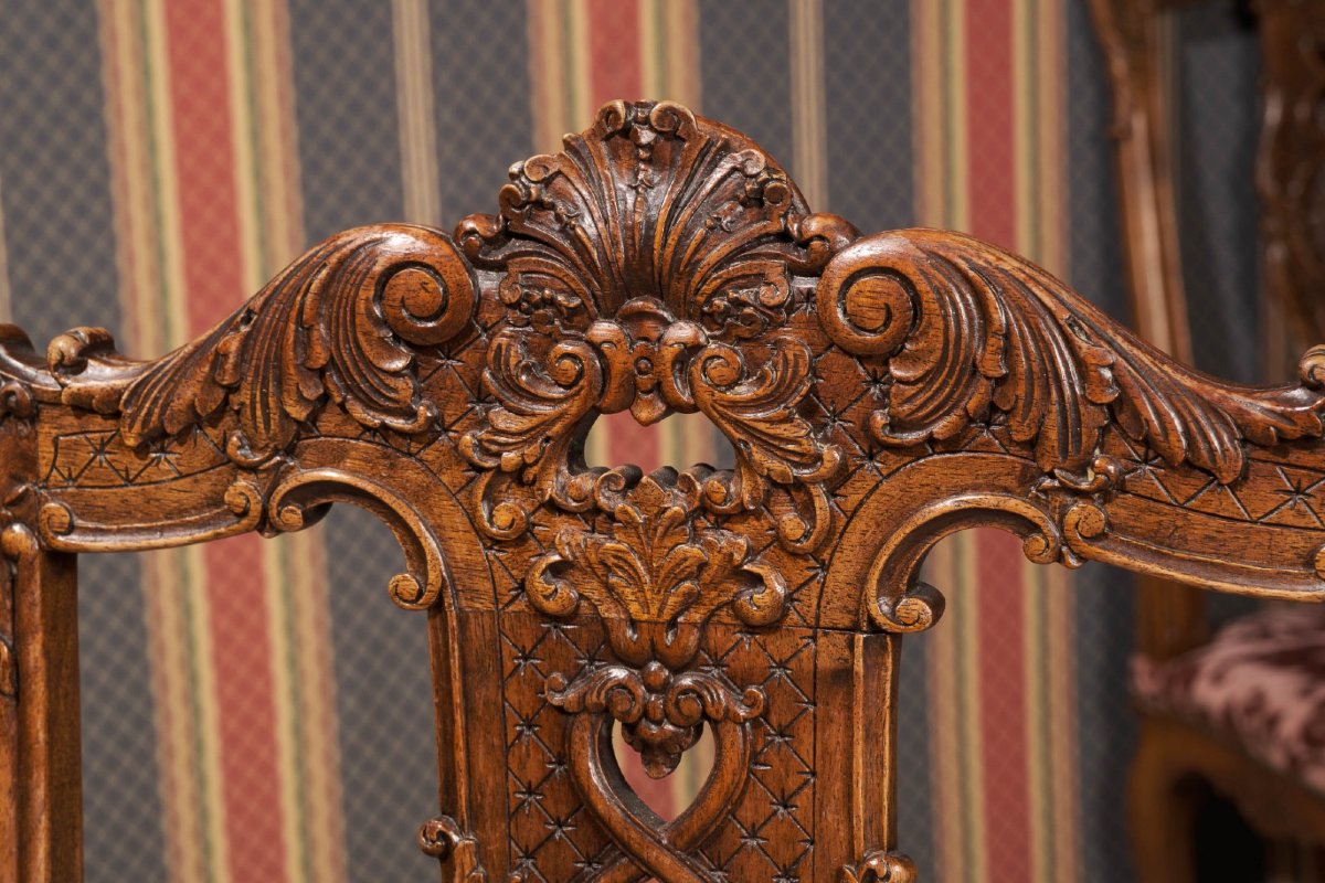 Ensemble De 12 Chaises Françaises, Fin Du XIXe Siècle Bois Fruitier Sculpté Et Revêtement d'Ori-photo-4