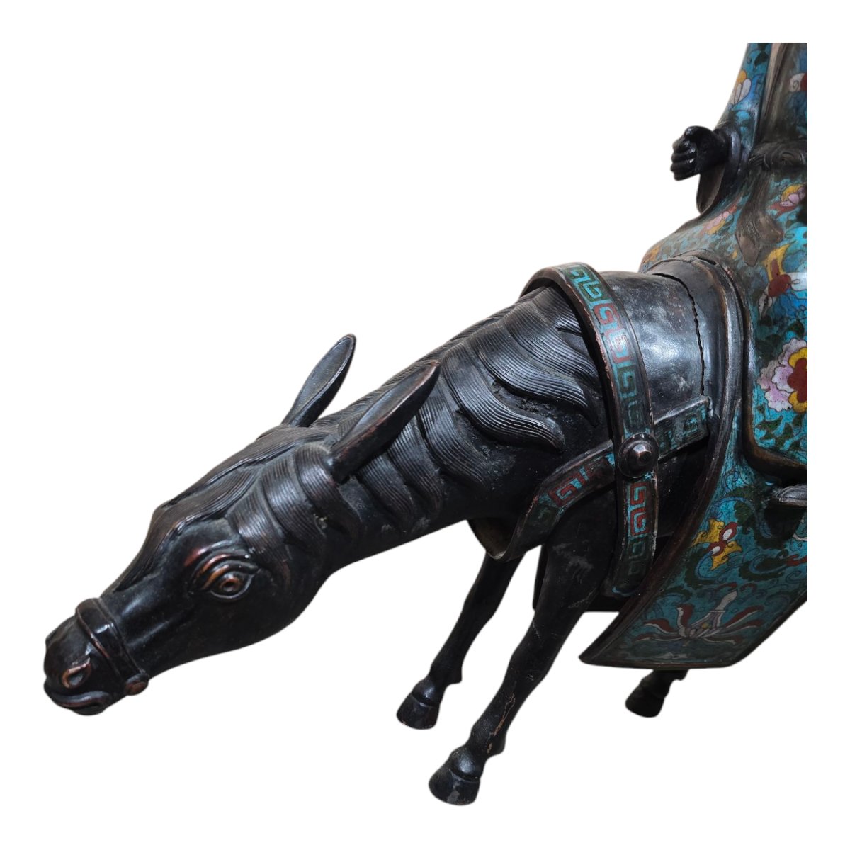 19th Century Chinese Cloisonné And Bronze Sculpture Of A Peasant On A Donkey-photo-2
