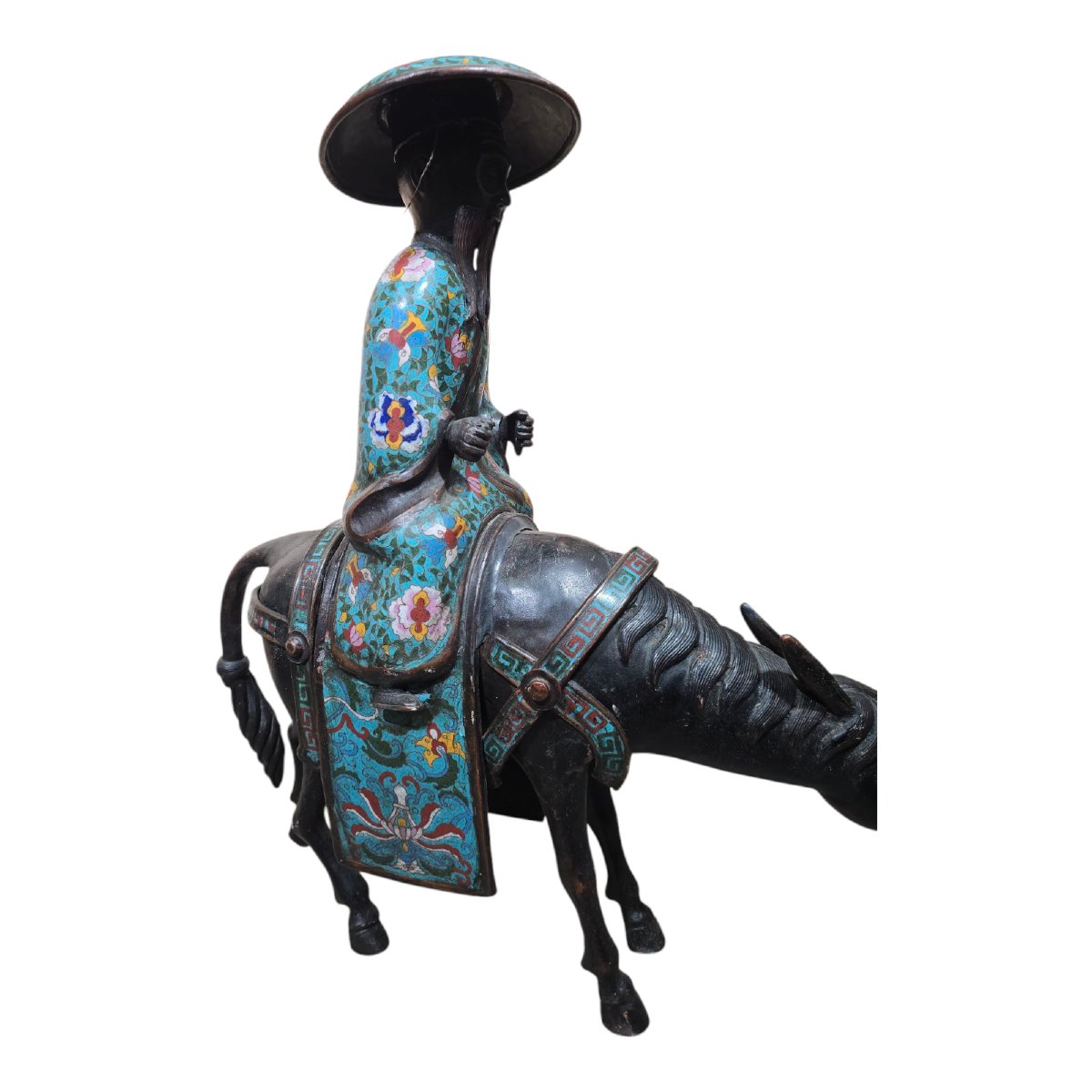 19th Century Chinese Cloisonné And Bronze Sculpture Of A Peasant On A Donkey-photo-4