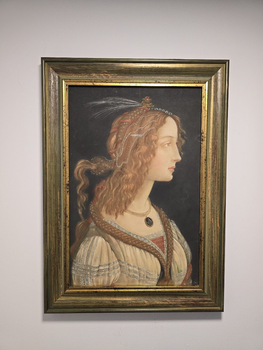 Portrait De Dame – Dessin Colorié, Style Renaissance, XIXe Siècle-photo-1