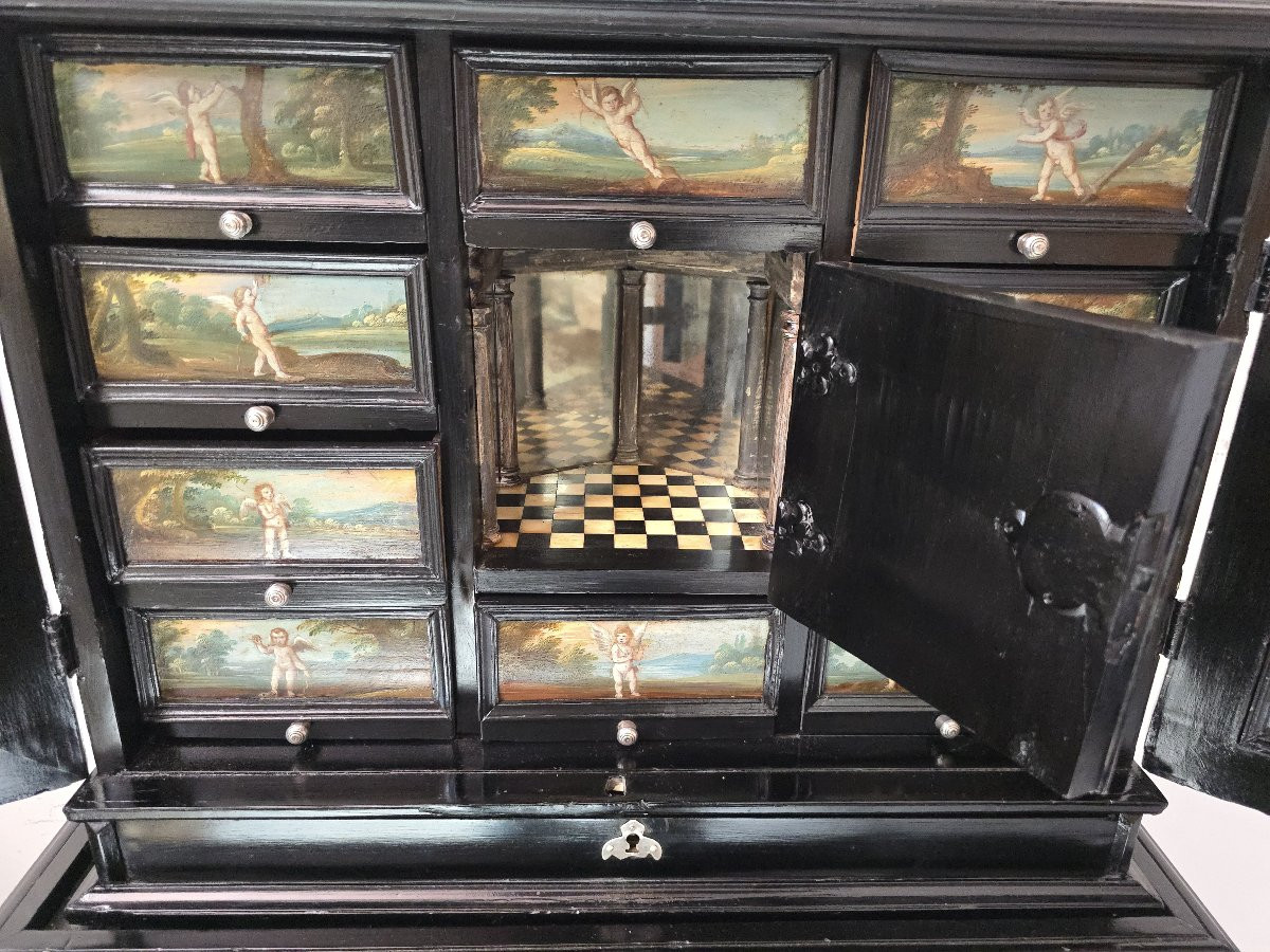 17th Century Flemish Cabinet With Mythological Paintings And Silver Decoration-photo-6