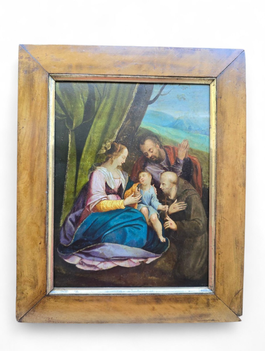Sainte Famille avec un saint (huile sur cuivre)-photo-2