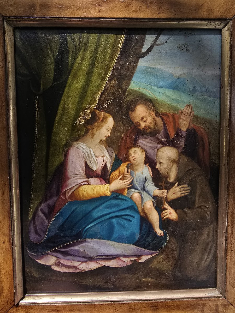 Sainte Famille avec un saint (huile sur cuivre)-photo-1