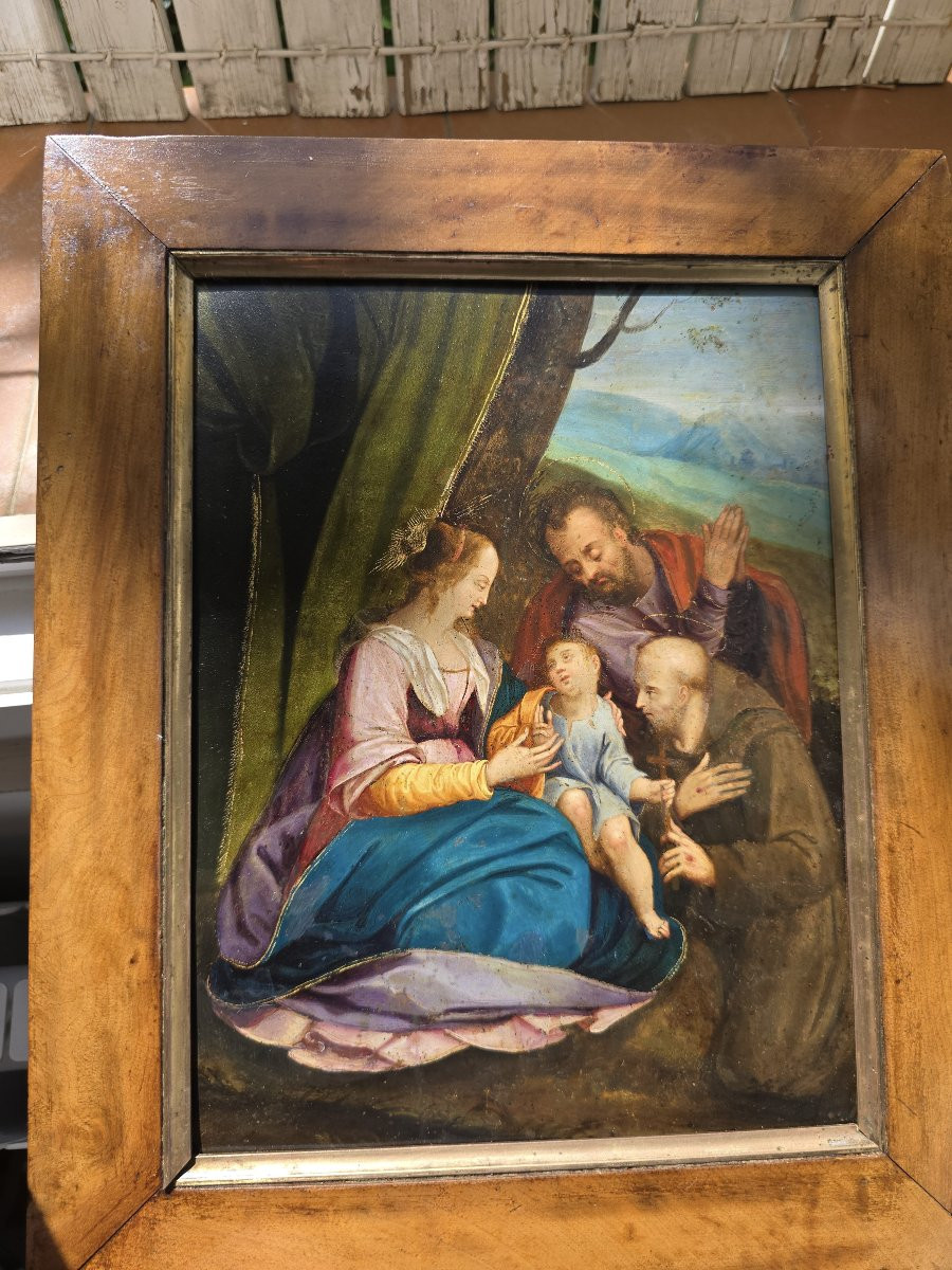 Sainte Famille avec un saint (huile sur cuivre)-photo-2