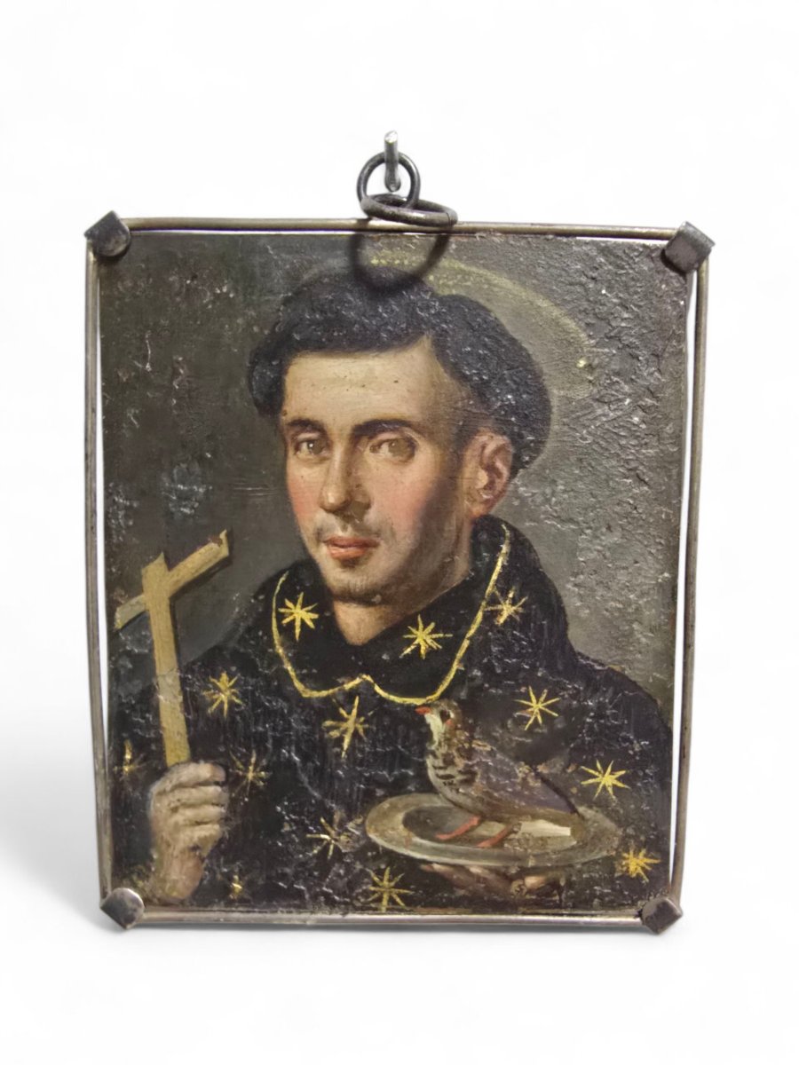 Rare Double-sided Religious Diptych – Saint Nicholas Of Tolentino & Virgin And Child – Oil -photo-3