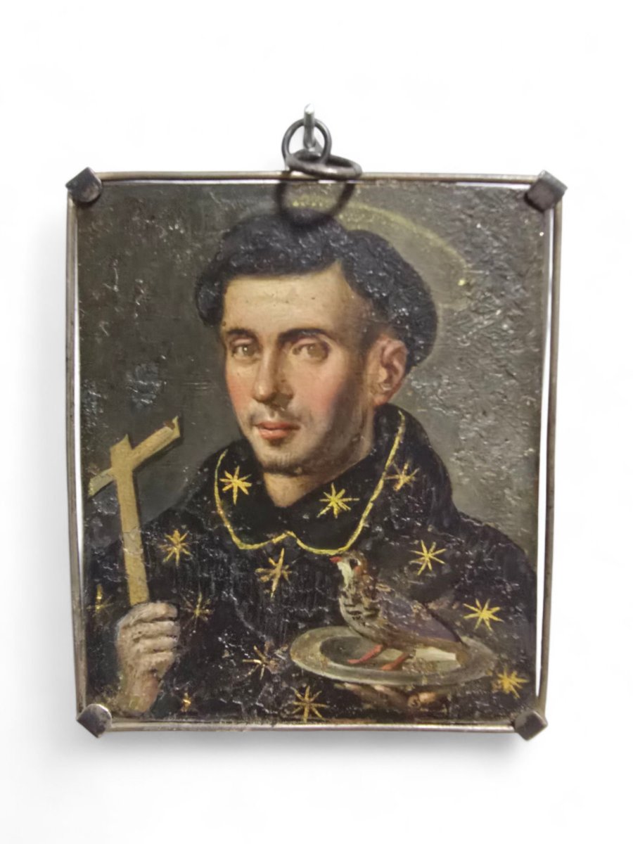 Rare Double-sided Religious Diptych – Saint Nicholas Of Tolentino & Virgin And Child – Oil -photo-1
