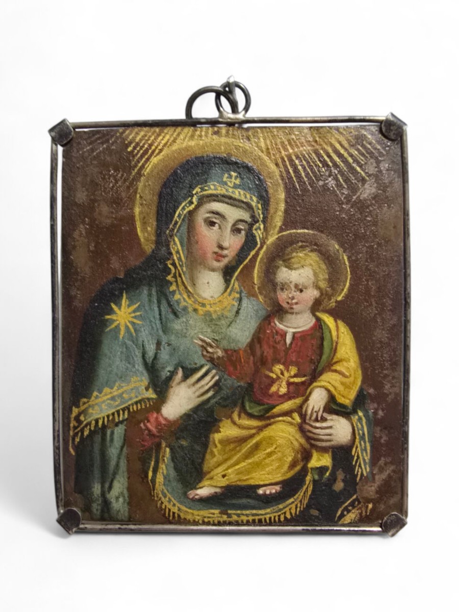 Rare Double-sided Religious Diptych – Saint Nicholas Of Tolentino & Virgin And Child – Oil 