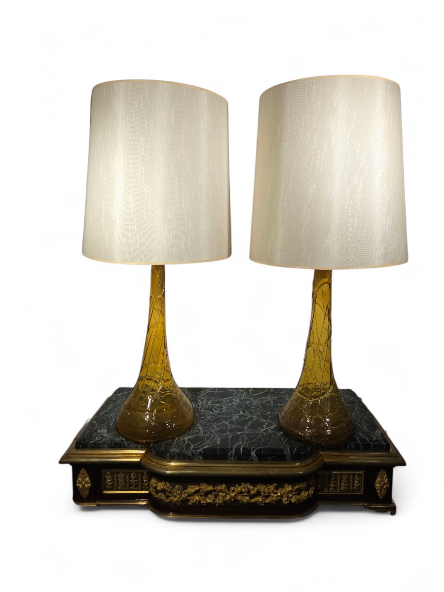Paire de lampes avec vases en verre soufflé – Verrerie Gordiola, début XXe siècle-photo-3