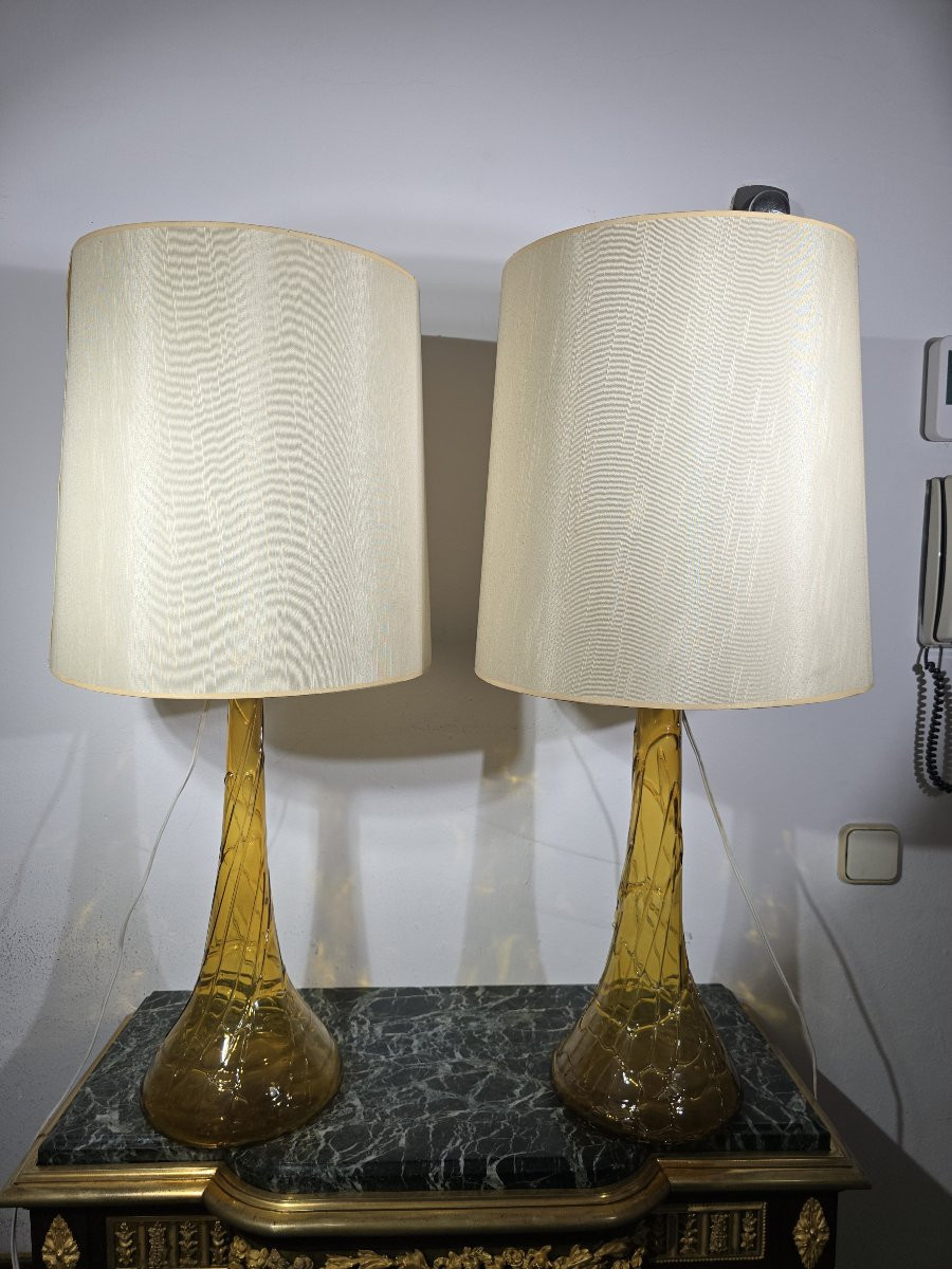 Paire de lampes avec vases en verre soufflé – Verrerie Gordiola, début XXe siècle-photo-5