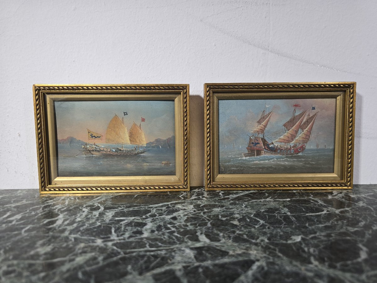Paire d’aquarelles de bateaux chinois – XIXe siècle-photo-2