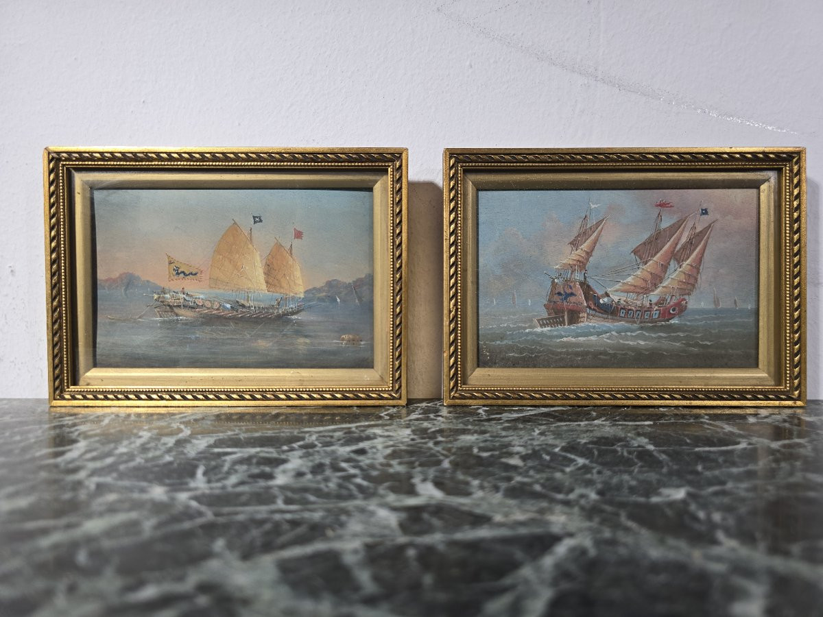 Paire d’aquarelles de bateaux chinois – XIXe siècle-photo-3