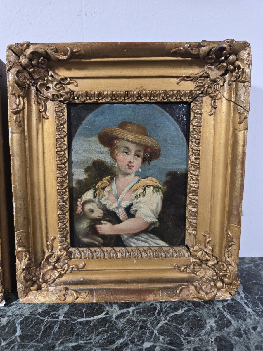 Paire de peintures à l’huile sur panneau – Jeunes bergères – XIXe siècle-photo-3