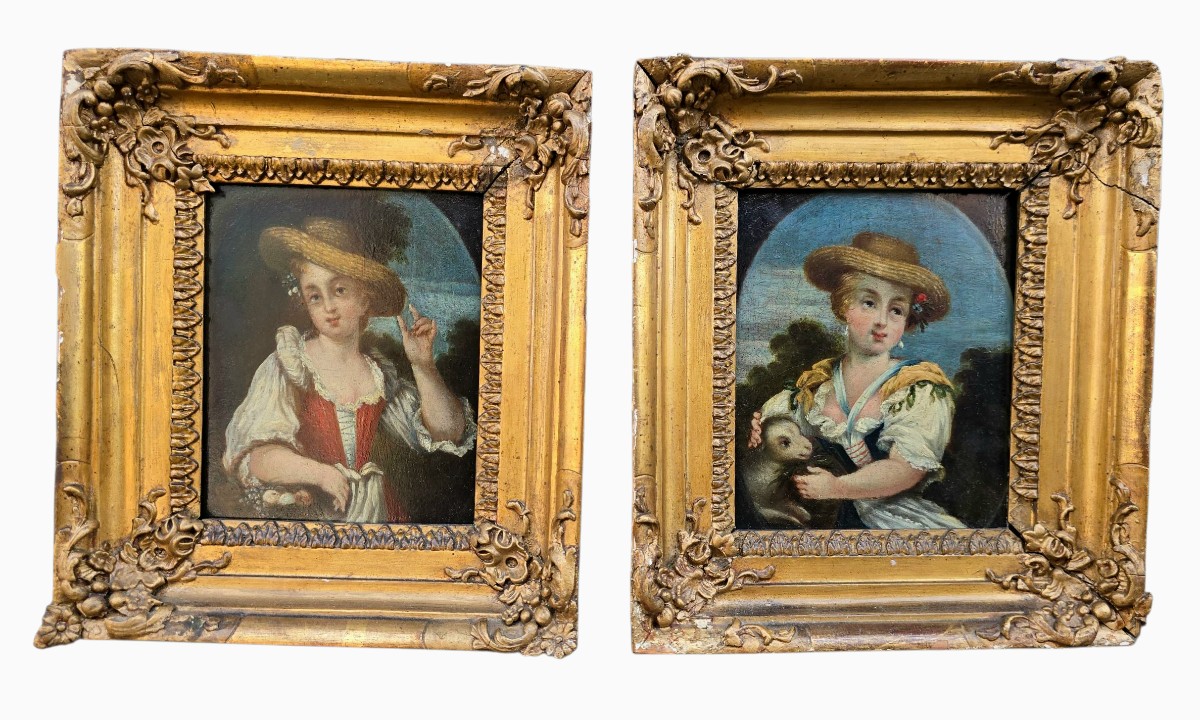 Paire de peintures à l’huile sur panneau – Jeunes bergères – XIXe siècle