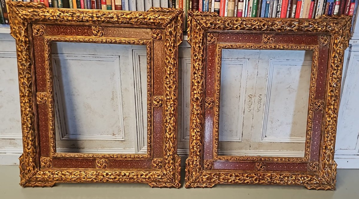Pair Of 19th-century Renaissance-style Frames – Carved And Painted Wood-photo-6
