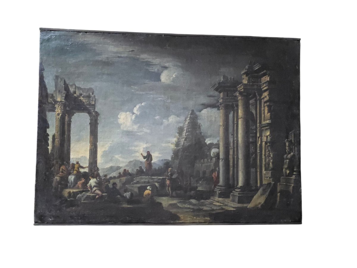 18th Century Italian Oil On Canvas Depicting Roman Ruins And Figures-photo-3