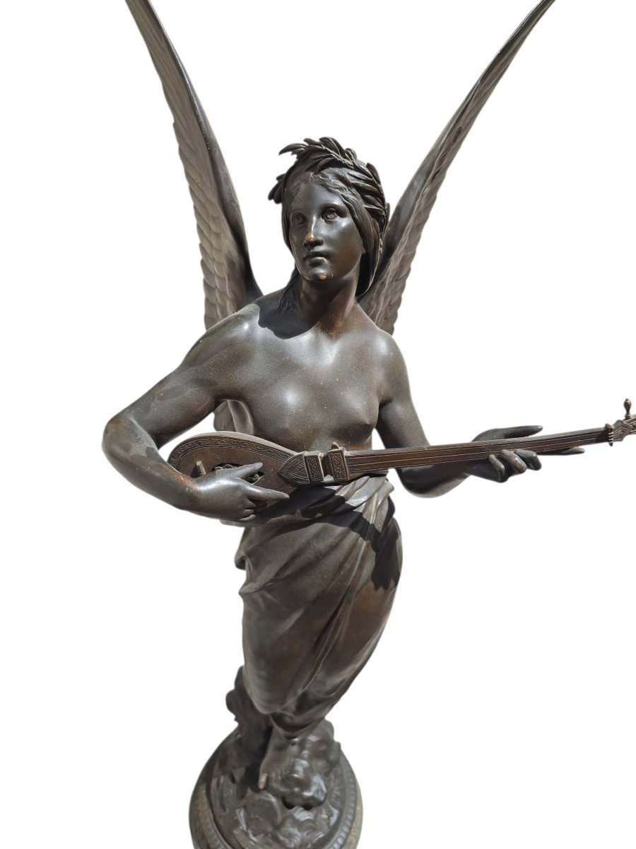 Large Allegory Of Music In Patinated Bronze From The 19th Century, Signed E. Picault-photo-2