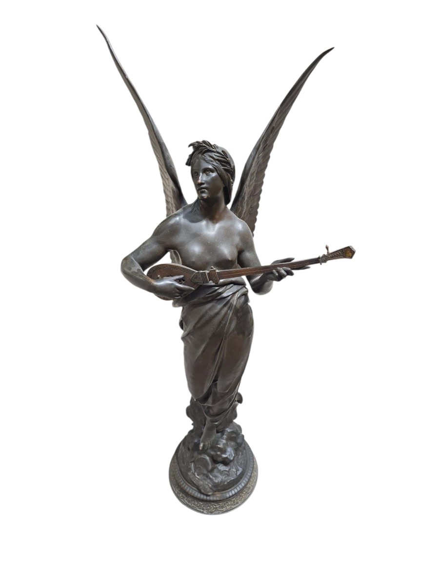 Large Allegory Of Music In Patinated Bronze From The 19th Century, Signed E. Picault