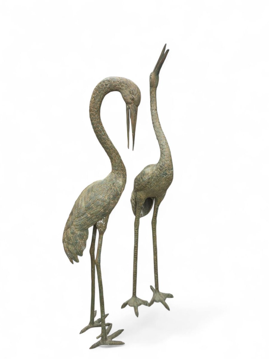 Paire de grandes sculptures de hérons en bronze patiné, XXe siècle, 180 cm-photo-2