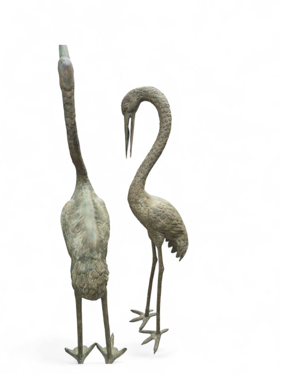 Paire de grandes sculptures de hérons en bronze patiné, XXe siècle, 180 cm-photo-3