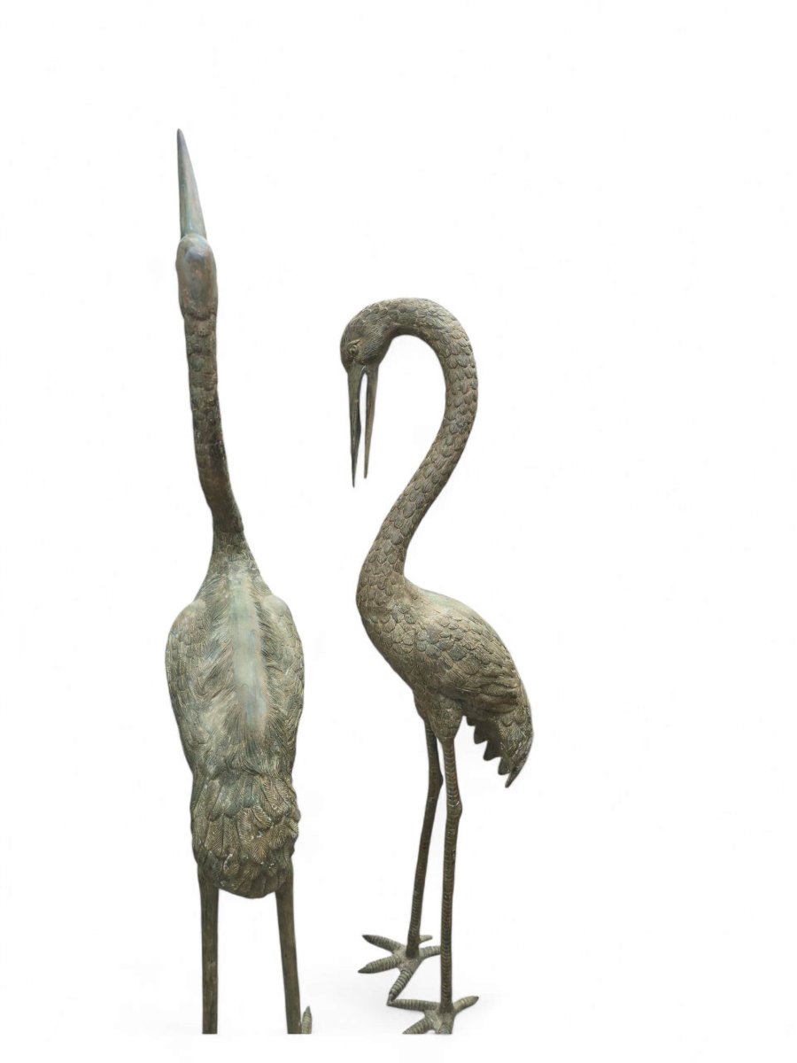 Paire de grandes sculptures de hérons en bronze patiné, XXe siècle, 180 cm-photo-4