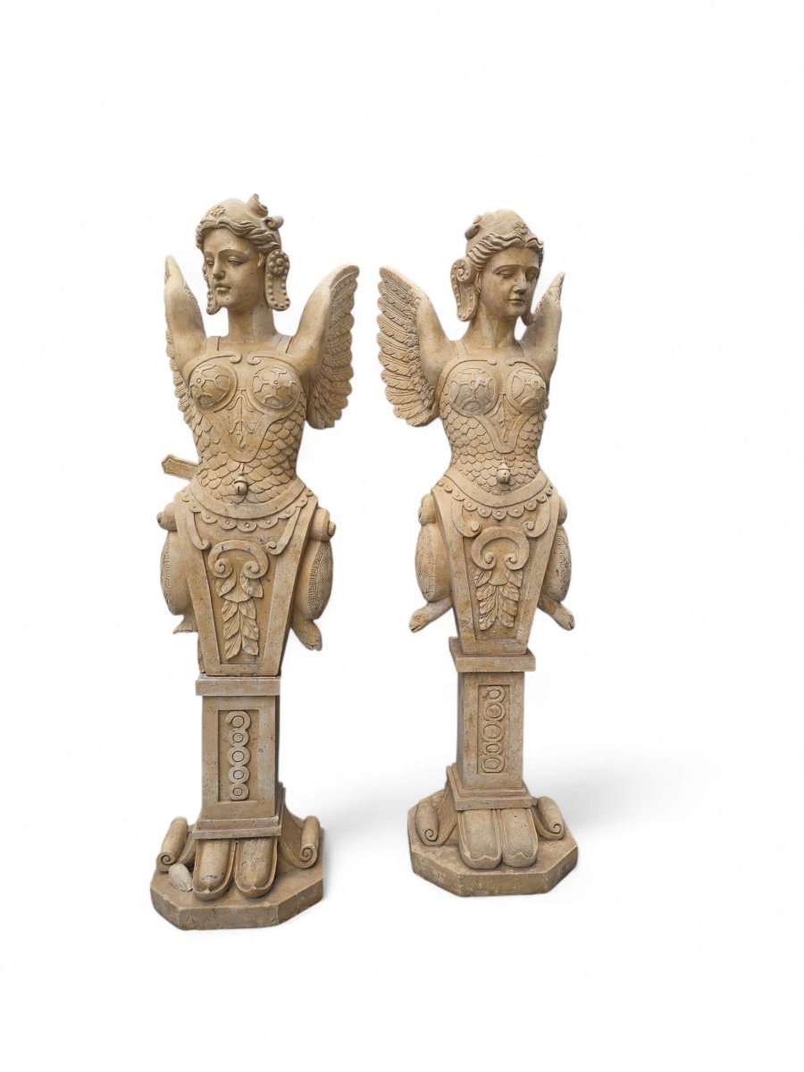 Pair Of Hand-carved Italian Marble Winged Allegorical Figures-photo-2